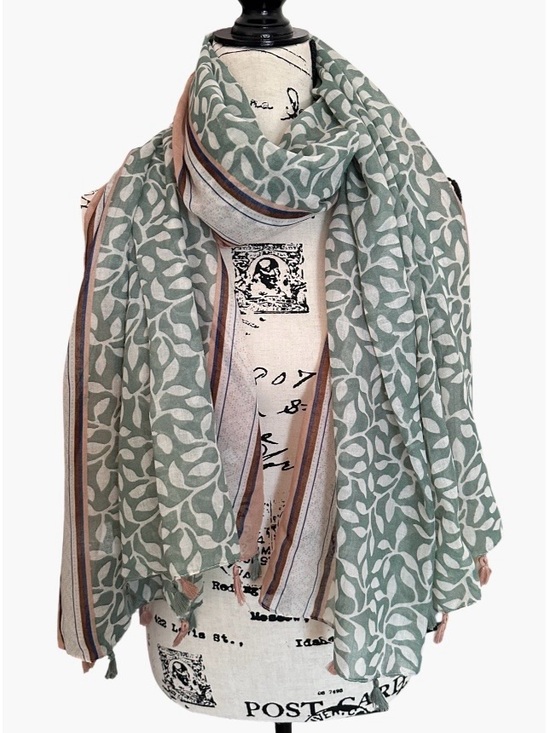 Accessories - Sage Green Botanical Scarf Tassel Trim Lightweight Oversized Wrap Shawl
